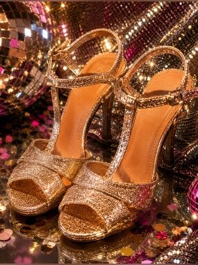 BAMBOO Gold Glitter T-Strap Platform Heels